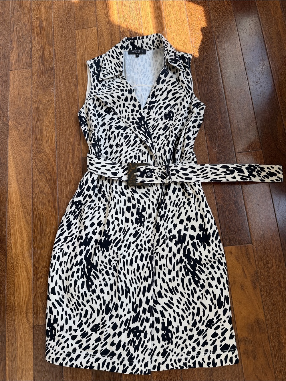 Lafayette 148 New York Black & White Sleeveless Animal Print Belted Mini Dress
